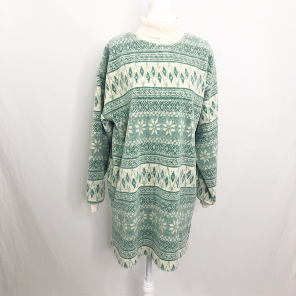 Vintage V Sport Turtleneck Fleece Tunic Sweater, Medium, Green Ivory